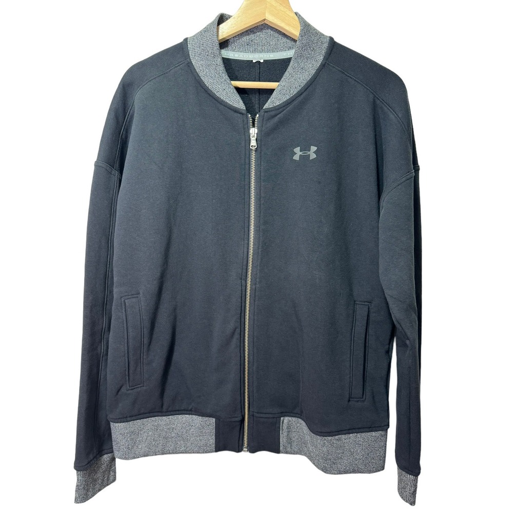Under Armour Women's Black/Gray Full Zip Fleece Bomber Jacket Size L Cozy Thick